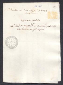 Real Orden de José de Gálvez al intendente de Caracas, Francisco de Saavedra, solicitando su opin...