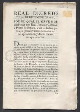 Real Decreto por el que se erige una Real Junta de Correos y Postas de España y de las Indias