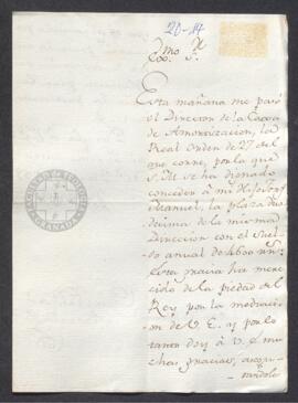 Carta de Juan Fernández Aranalde a Francisco de Saavedra, en la que agradece el empleo de su hijo...
