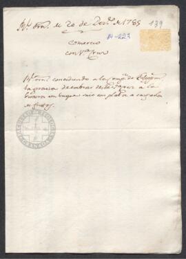 Real Orden de José de Gálvez al intendente de Caracas, Francisco de Saavedra, concediendo a la Co...