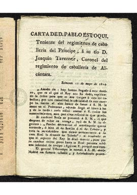 Carta publicada de D.Pablo Estoqui, teniente del regimiento de caballería del Príncipe a su tío D...