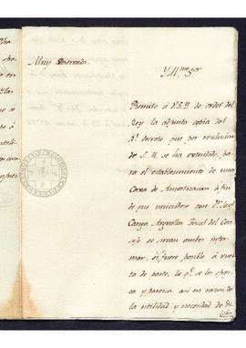 Oficio de Francisco de Saavedra a Bernardo Iriarte, acerca del Real Decreto que establece una Caj...