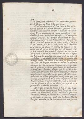 Circular dirigida a los directores generales de las rentas con la Real Orden 1 de abril de 1798 q...