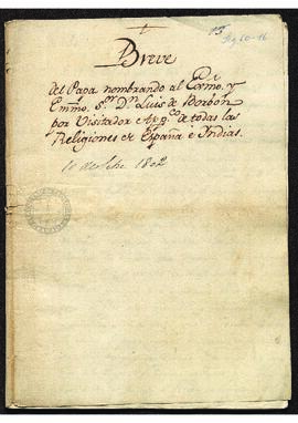 Breve de Pío VII, nombrando a Luis de Borbón como visitador apostólico de todas las regiones de E...