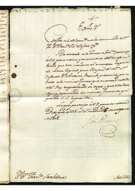 Oficio por el que José Pizarro informa a Francisco de Saavedra de la partida hacia Bayona del Inf...