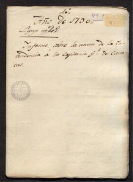 Informe de Francisco de Saavedra a Pedro de Lerena, sobre la unión de la Intendencia y Capitanía ...