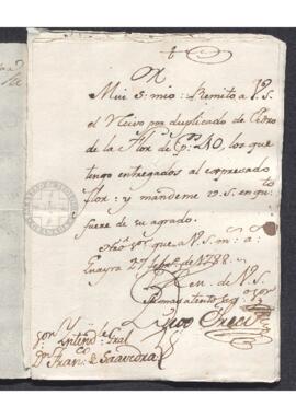 Recibo de remitente desconocido (firma ilegible) emitido a nombre de Pedro de la Flor y destinado...