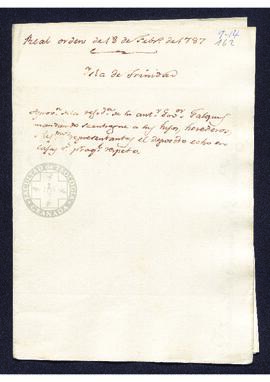 Real Orden de José de Gálvez al intendente de Caracas, Francisco Saavedra, que restituye a los he...