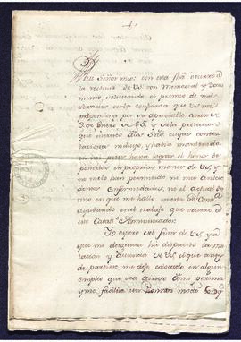 Carta de José Antonini a Francisco de Saavedra en la que le solilcita un puesto en la administración