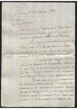 Carta de pésame del ministro de Marina de Francia, Decrés, al nuncio de S.S. en Madrid, Gravina, ...