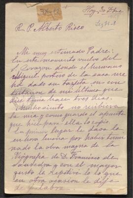 Carta de Elena María Llaguno y Arias de Saavedra al P. Alberto Risco, sobre la sepultura de Franc...