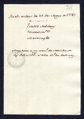 Real Orden de José de Gálvez al intendente de Caracas, Francisco Saavedra, ratificando en el empl...