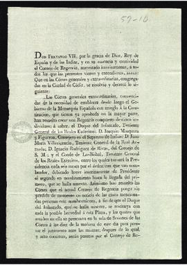 Decreto de las Cortes por la que se establece una Regencia compuesta de cinco miembros.