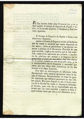Manifiesto y Real Decreto del Consejo de Regencia sobre elecciones a Cortes.