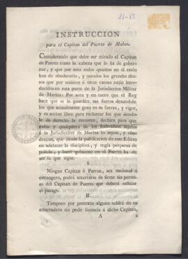 Edicto con las instrucciones dadas por Antonio Valdés al capitán del puerto de mahón