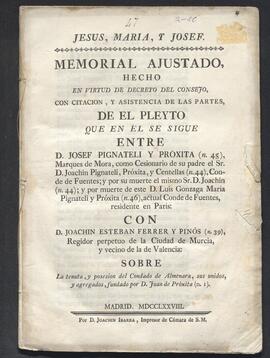 Pleito de José Pignateli, conde de Fuentes, con Joaquín Esteban Ferrer y Pinós, regidor perpetuo ...