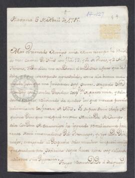 Carta particular de Bernardo de Gálvez a Saavedra, informándole de la llegada del despacho que le...