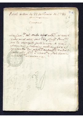 Real Orden de José de Gálvez al intendente de Caracas, Francisco Saavedra, autorizando las licenc...