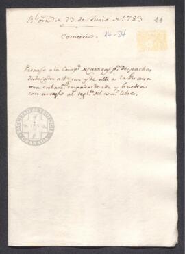 Real Orden de José de Gálvez al intendente de Caracas, Francisco de Saavedra, concediendo un perm...
