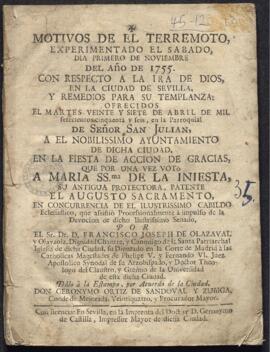 Motivos del terremoto experimentado en 1755 con respecto a la ira de Dios en la ciudad de Sevilla...