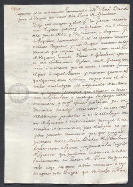 Real Orden del marqués  González de Castejón a Antonio Barceló, sobre el bloqueo de Gibraltar