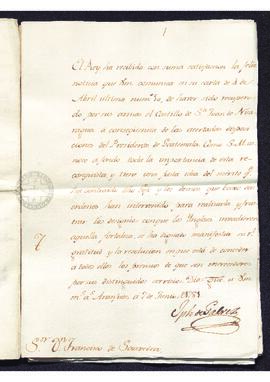 Real Orden de José de Gálvez a Francisco de Saavedra, notificandole la conquista de San Juan de N...