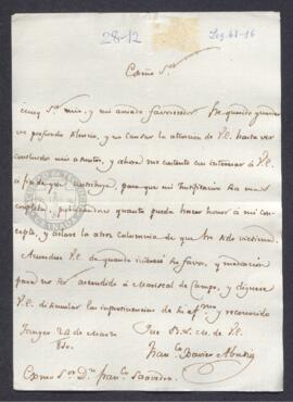 Carta de Francisco Javier Abadrís a Francisco de Saavedra, rogandole que le defienda de las calum...