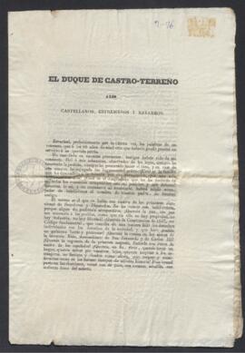 Proclama del duque de Castro-Terreño a los castellanos, extremeños y navarros exhortándolos a par...