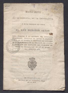 Manifiesto de Fernando VII en el que da a conocer la conferencia celebrada por la Santa Alianza e...