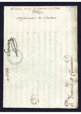 Real Orden de José de Gálvez al intendente de Caracas, Francisco Saavedra, sobre el envío del tab...