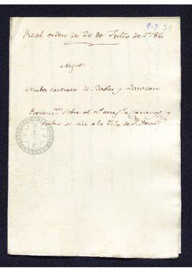Real Orden de José de Gálvez al intendente de Caracas, Francisco Saavedra, en la que se adjunta l...