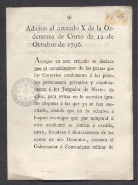 Real Orden adicional al artículo X de la ordenanza de corso de 12 de octubre de 1796