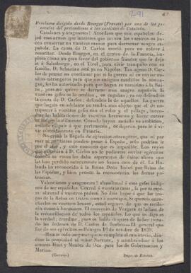 Proclama dirigida desde Bourges (Francia) por uno de los generales del pretendiente, a los carlis...