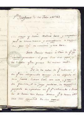 Carta de Francisco de Saavedra a un destinatario desconocido, sobre las negociaciones con Francia