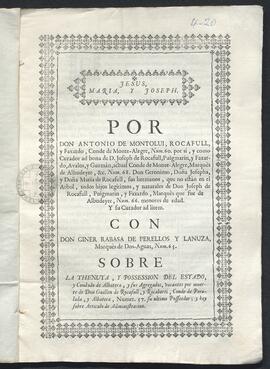 Pleito de Antonio de Montolui, conde de Montealegre y otro, con Giner Rabasa de Perellos y Lanuza...