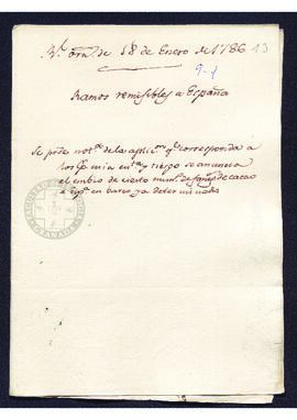 Real Orden de José de Gálvez al intendente de Caracas, Francisco Saavedra, instándole al envío de...