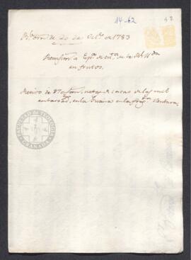 Real Orden de José de Gálvez al intendente de Caracas, Francisco de Saavedra, sobre el envío de c...