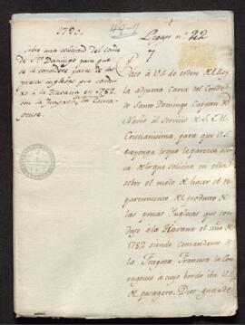Informe de Francisco de Saavedra a Antonio Valdés, sobre la solicitud del Conde de Santo Domingo ...