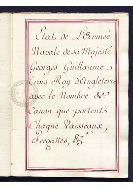 Etat de l'armée navale de la Majesté George Guillaume Trois Roy d'Anglaterre avec le nombre de ca...