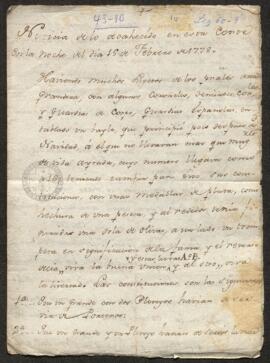 Noticia, Anónima, sobre lo ocurrido en la Corte la noche del día 15 de febrero de 1778