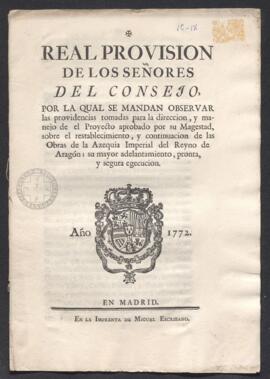 Real Provisión que regula la continuación de las obras de la acequia imperial de Aragón