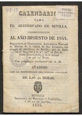 Calendario para el arzobispado de Sevilla, correspondiente a 1844. Observatorio Astronómico Nacio...