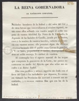 Proclama de la Reina Gobernadora al Ejército español sobre la lealtad que éste debe a Isabel II
