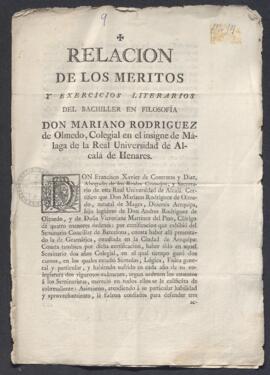 Relación de los méritos y ejercicios literarios del bachiller en Filosofía, Mariano Rodríguez de ...