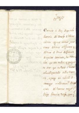 Real Orden al marqués de Bajamar para el traslado a la Tesorería General, desde el Consejo de Ind...