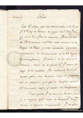 Notificación de José de Gálvez al gobernador de las minas de Almadén, Rodrigo de la Torre, para q...