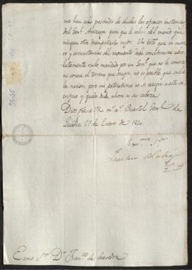 Carta de Joaquín Blake a Francisco de Saavedra, aceptando el mando del Ejército