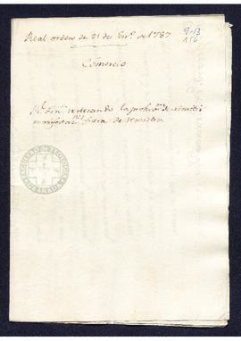 Real Orden de José de Gálvez al intendente de Caracas, Francisco Saavedra, prohibiendo la admisió...