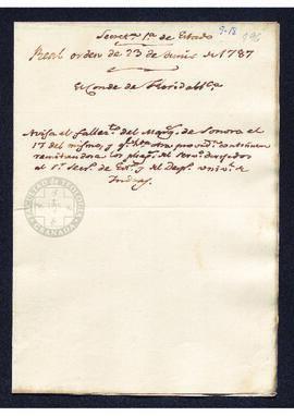 Real Orden del conde de Floridablanca al intendente de Caracas, Francisco Saavedra, para que enví...