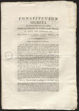 Informe de la Inquisición sobre la Constitución secreta que tenía formada las Cortes contra la so...